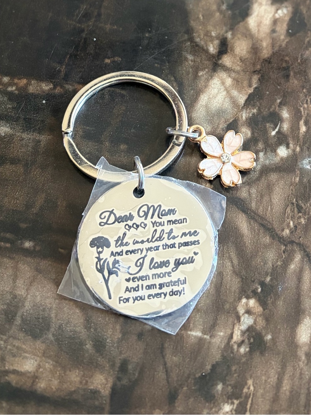 Silver 'Dear Mom' Heart Keychain with Pink Flower Charm